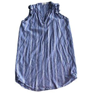 Womens Linen Blend Mini Dress Sleeveless Ruffle Neck Blue & White Stripes Medium
